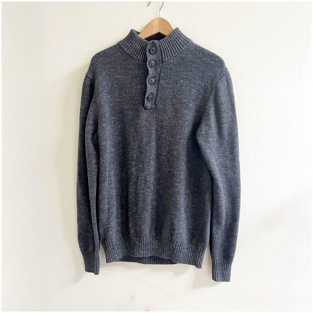 G.H Bass & Co Mens Gray Mock Neck 3 Button Sailor Knit Cotton Pullover Sweater M